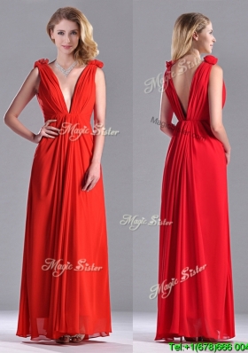 Discount Deep V Neckline Red Dama Dress with Hand Crafted Flowers