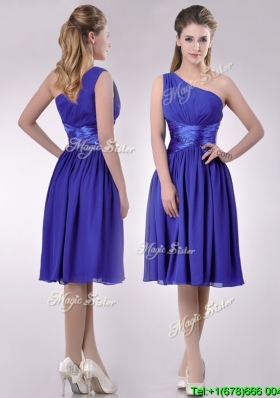 Discount  One Shoulder Chiffon Blue Dama Dress with Side Zipper
