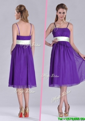 Romantic Spaghetti Straps Belted Eggplant Purple Bridesmaid Dress in Tea Length