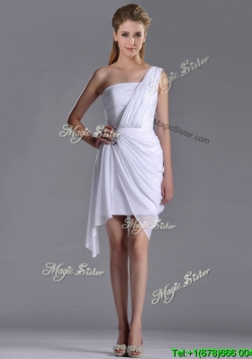 Discount  Column One Shoulder White Short Dama Dress with Zipper Up