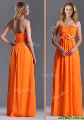Empire Strapless Ruching Chiffon Long  Dama Dress in Orange