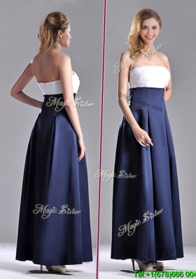 Elegant Strapless Ankle Length Dama Dress in Navy Blue and White