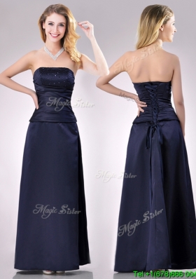 Fashionable Strapless Beaded Bust Long Mother Groom Dress in Navy Blue