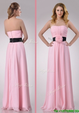 Modern Empire Chiffon Pink Long Dama Dress with Hand Crafted Flower