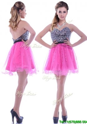 Modern Sequined Decorated Bodice Organza Hot Pink Cheap Dress with Backless