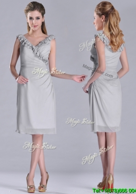 Modest V Neck Grey Chiffon Short Cheap Dress with Side Zipper