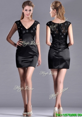 Classical V Neck Satin and Lace Cheap Dress with Cap Sleeves