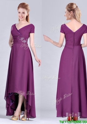 Short High-low Chiffon Dark Purple Short Sleeves Mother Groom Dress with V Neck