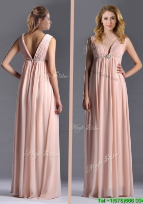 Simple Empire Chiffon Ruching Long Pink Mother Groom Dress with V Neck