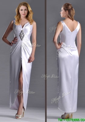 Exquisite Column V Neck Mother Groom Dress with Beading and High Slit