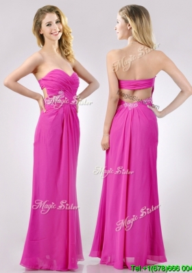 Sexy Sweetheart Backless Beaded and Ruched Prom Dress in Hot Pink