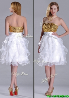Classical Organza Sequined and Ruffled Cheap Dress in White and Gold