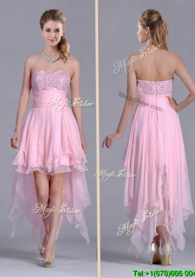 Sexy  Beaded Bust High Low Chiffon Prom Dress in Baby Pink