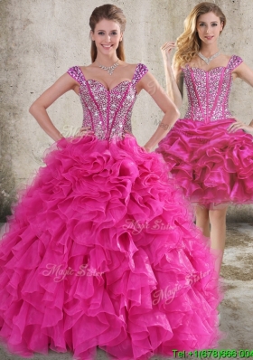 Classical Ruffled and Beaded Bodice Detachable Quinceanera Gowns in Hot Pink
