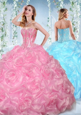 Fashionable Beaded and Bubble Organza Detachable Quinceanera Gowns  in Rose Pink