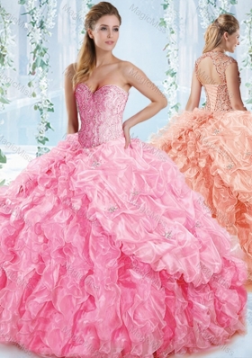 New Style Organza Beaded Rose Pink Quinceanera Gowns with Detachable Straps
