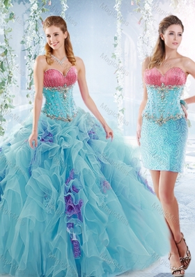 Latest Ruffled and Beaded Detachable Quinceanera Gowns in Aquamarine