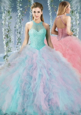 Lovely Beaded Decorated Halter Top Sweet Fifteen Dress in Organza