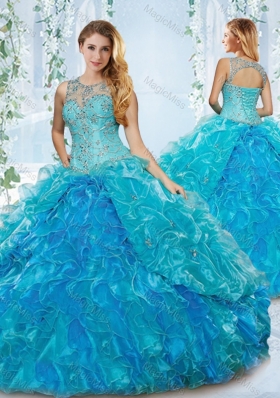 Modern See Through Blue Detachable Sweet Fifteen Dress with Beading and Ruffles