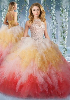 2016 Pretty Halter Top Rainbow Unique Quinceanera Dress with Beading and Ruffles