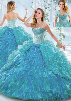 Beautiful Organza Blue Unique Quinceanera Dresses  with Ruffles and Beading