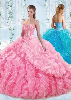 Perfect Visible Boning Ruffled Unique Quinceanera Dresses  in Rose Pink