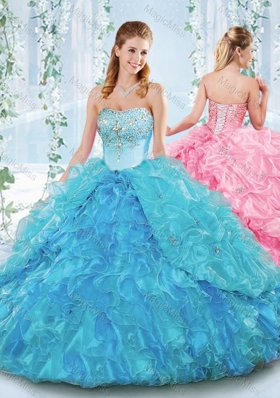 Latest Really Puffy Organza Lace Up Unique Quinceanera Dresses  in Blue