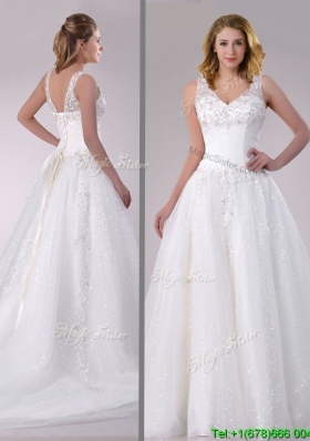2016 Beautiful A Line V Neck Court Train Bridal Dress with Beading and Sequins