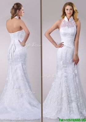Most Popular Halter Top Mermaid Lace Wedding Dress with Brush Train for 2016