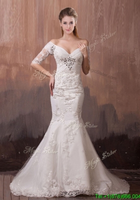 Unique V Neck Half Sleeves Mermaid Wedding Dress with Beading and Lace for 2016