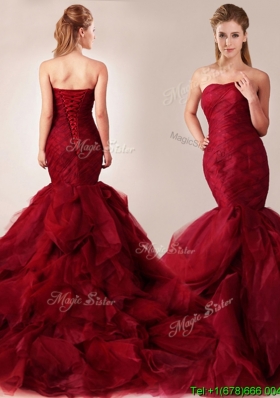 2016 Mermaid Sweetheart Tulle Ruffles Wedding Dresses in Wine Red