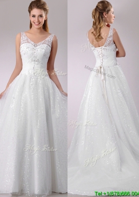 Perfect Hot A Line V Neck Court Train Beaded Wedding Dress in Tulle
