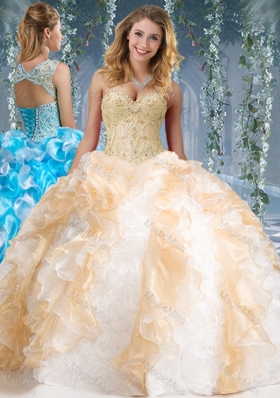 Fashionable Organza and Rolling Flowers Big Puffy Sweet Sixteen Dress in Champagne and White