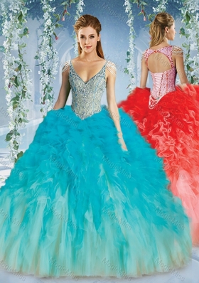 Beautiful Deep V Neck Big Puffy Sweet Sixteen Dress with Beaded Decorated Cap Sleeves