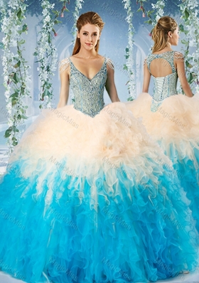 Modest Beaded Decorated Cap Sleeves Sweet Fifteen Dresses  in Blue and Champagne
