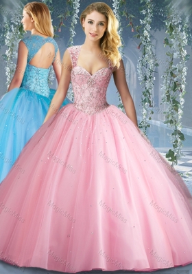 Unique Pink Big Puffy Beaded Quinceanera Dress with Brush Train