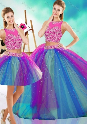 Lovely Beaded Scoop Tulle Detachable Sweet Fifteen Dresses  in Rainbow Colored