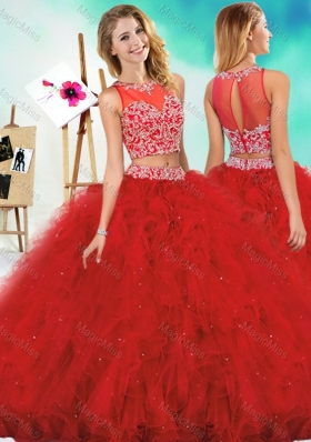 See Through Two Piece Red Sweet Fifteen Dresses with Beading and Ruffles