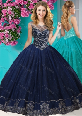 Fashionable See Through Scoop Quinceanera Dress with Beading and Appliques