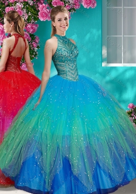 Luxurious See Through Halter Top Quinceanera Dress with Beading and Appliques