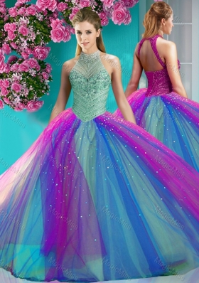 Exclusive Halter Top Really Puffy Sweet 16 Dress with Beading and Appliques