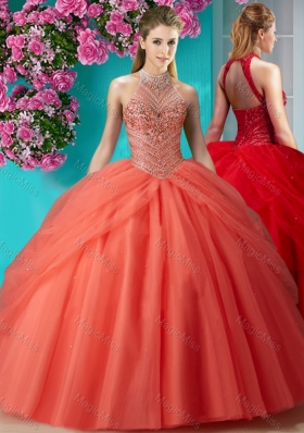 Elegant Halter Top Beaded and Applique Quinceanera Dress in Orange Red