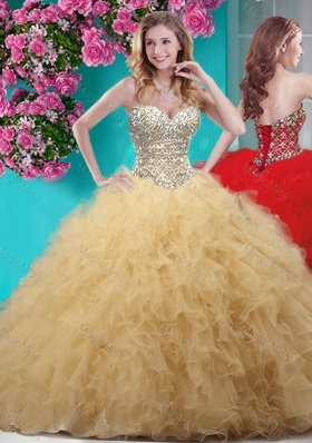 Classical Gold Really Puffy Quinceanera Dress with Beading and Ruffles