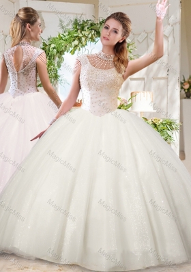 See Through White Ball Gowns High Neck Sequins Beaded Quinceanera Dress with Zipper Up