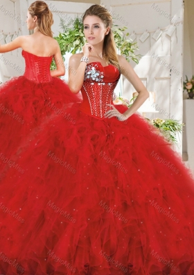 Popular Really Puffy Red Sweet Sixteen Dress with Beading and Ruffles