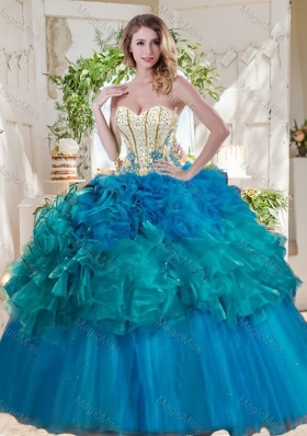 Elegant Beaded and Ruffled Really Puffy Vestidos de Quinceanera Dress in Teal and Blue