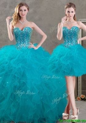 New Arrivals Beaded and Ruffled Teal Detachable Quinceanera Dresses in Organza