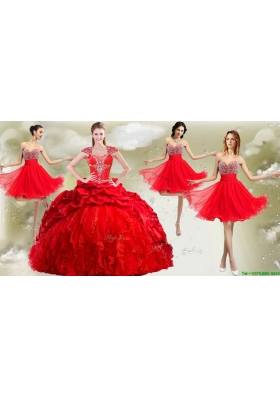 New Arrivals Red Big Puffy Quinceanera Dress and Wonderful Rhinestoned and Ruched Dama Dresses