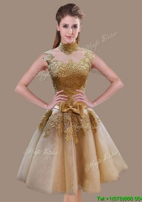 Vintage A Line High Neck Champagne Prom Dress with Appliques and Bowknot