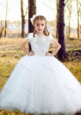 Fashionable Scoop Really Puffy Flower Girl Dress with Hand Made Flowers and Appliques